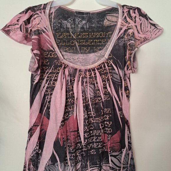 Casual Freedom Short Sleeve Ruffled Blousy Top Med T Shirt Floral Boho Tunic - Picture 1 of 14